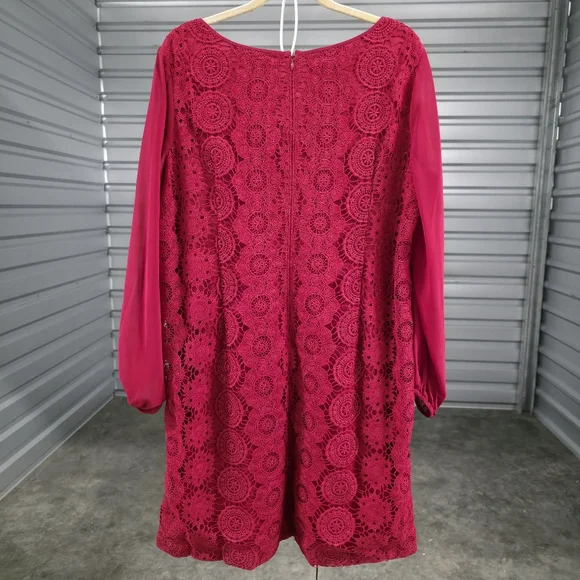 16W RED Adrianna Papell Dress Crochet Lace Midi Chiffon Slit Sleeves Lined - Picture 4 of 6